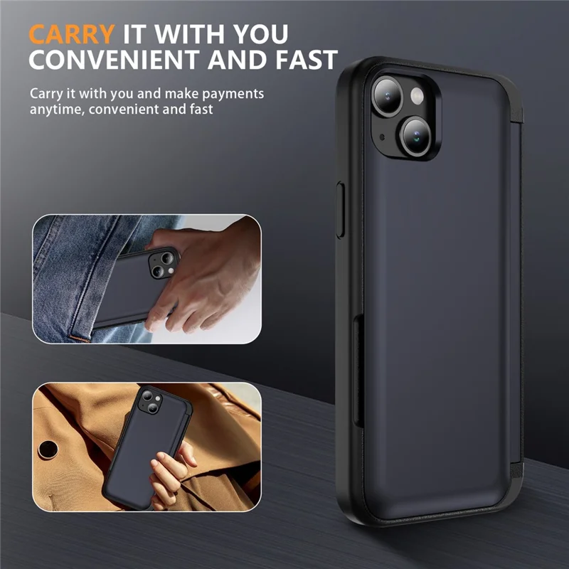 For iPhone 15 TPU+PC Case with Card Slot Flip Kickstand Drop Proof Phone Cover - Navy Blue