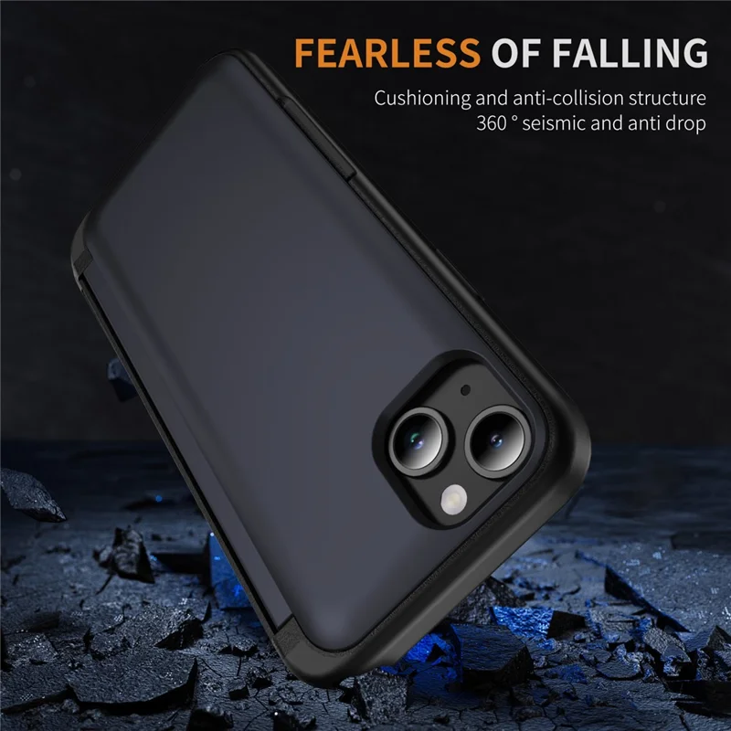 For iPhone 15 TPU+PC Case with Card Slot Flip Kickstand Drop Proof Phone Cover - Navy Blue
