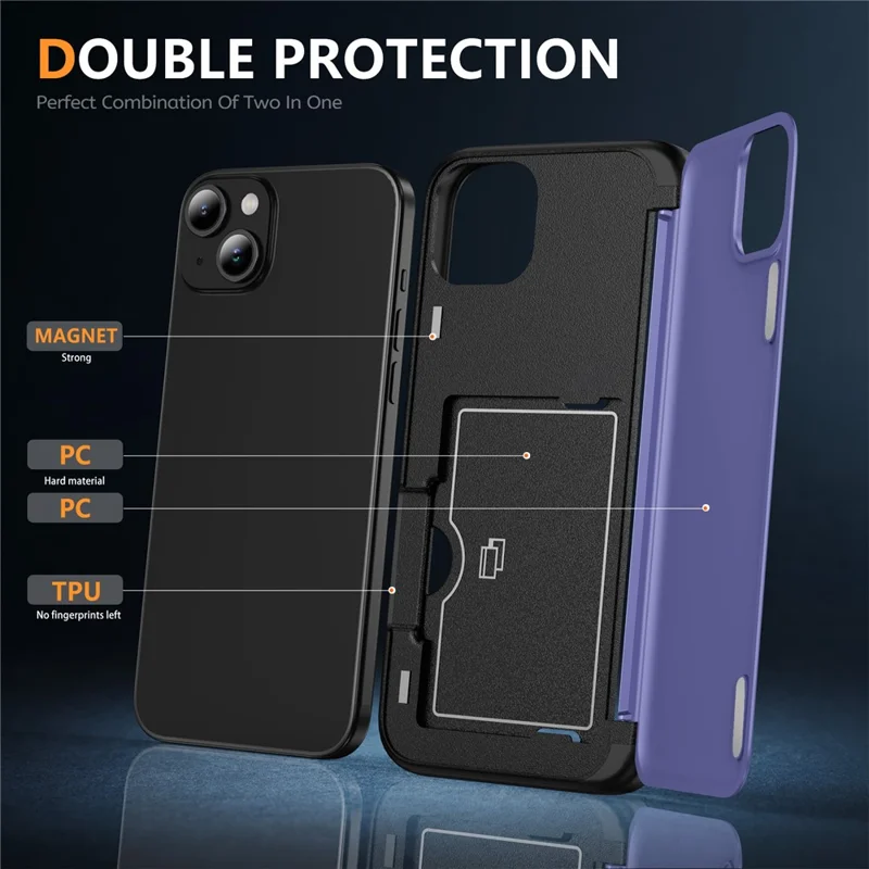 Coque pour iPhone 15 en TPU+PC avec fente pour carte et béquille - Violet Clair