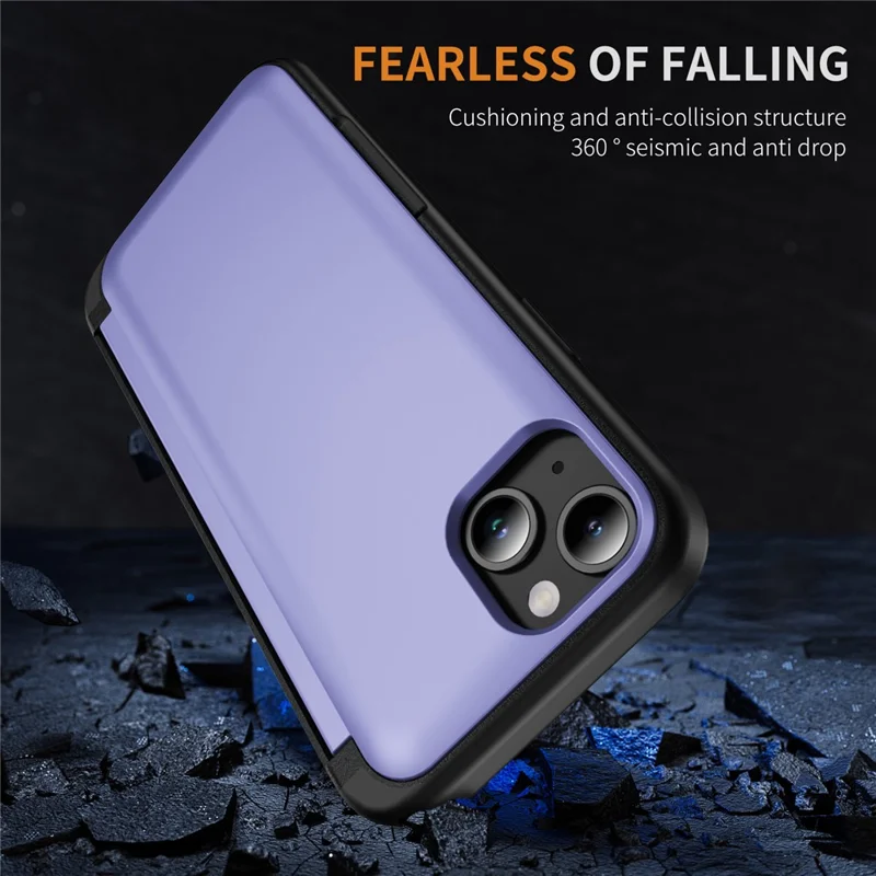 Coque pour iPhone 15 en TPU+PC avec fente pour carte et béquille - Violet Clair