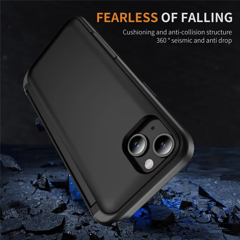 For iPhone 15 Plus Case Flip Kickstand Card Holder TPU+PC Anti-fall Phone Cover - Black