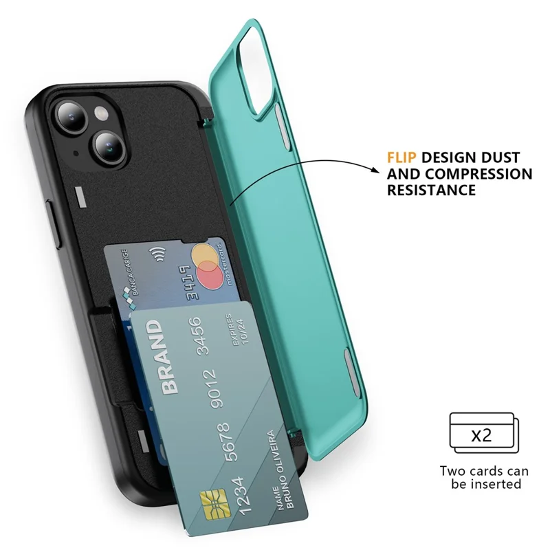For iPhone 15 Plus Case Flip Kickstand Card Holder TPU+PC Anti-fall Phone Cover - Cyan