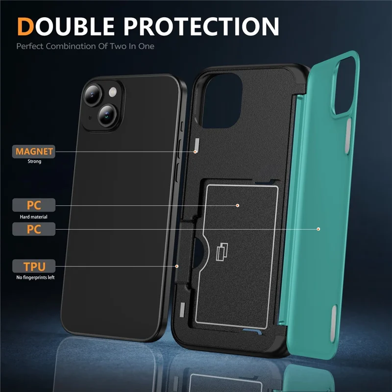 For iPhone 15 Plus Case Flip Kickstand Card Holder TPU+PC Anti-fall Phone Cover - Cyan