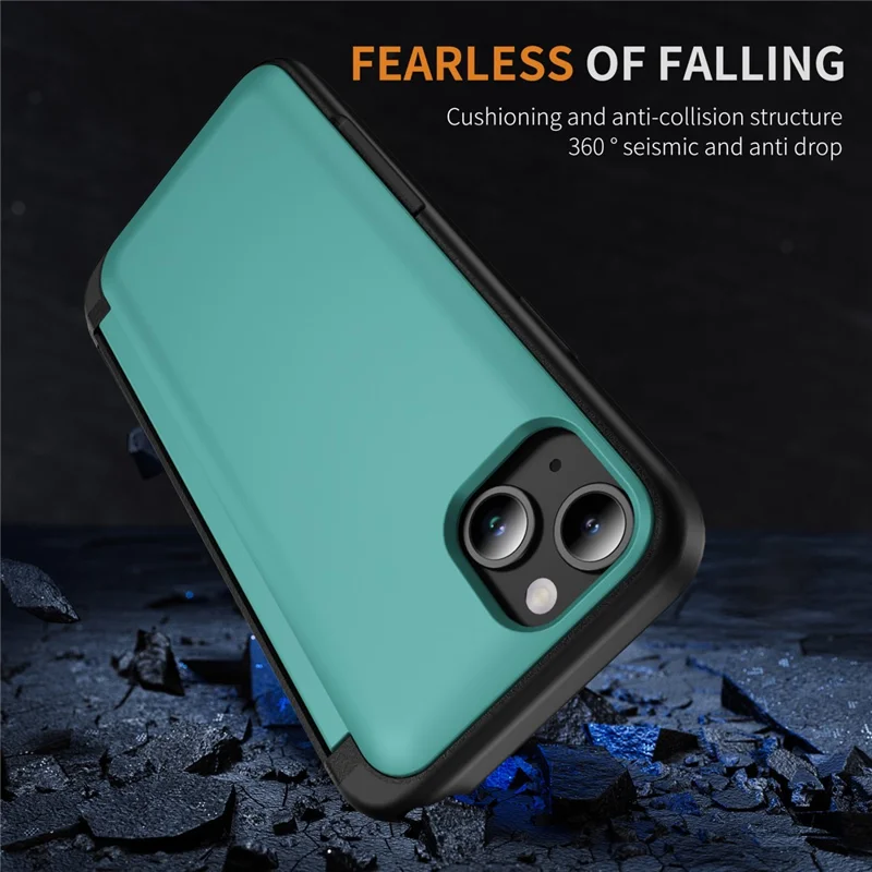 For iPhone 15 Plus Case Flip Kickstand Card Holder TPU+PC Anti-fall Phone Cover - Cyan