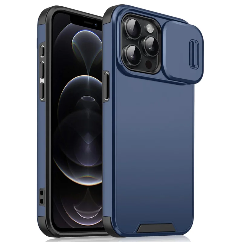 For iPhone 12 Pro Max Case PC+TPU Scratch Resistant Phone Cover with Slide Camera Guard - Blue