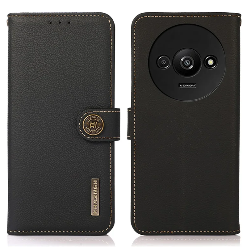 KHAZNEH For Xiaomi Redmi A3 / Poco C61 4G Case RFID Blocking Anti-drop Genuine Cow Leather Phone Cover - Black