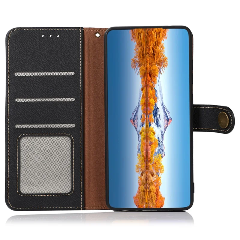 KHAZNEH For Xiaomi Redmi A3 / Poco C61 4G Case RFID Blocking Anti-drop Genuine Cow Leather Phone Cover - Black