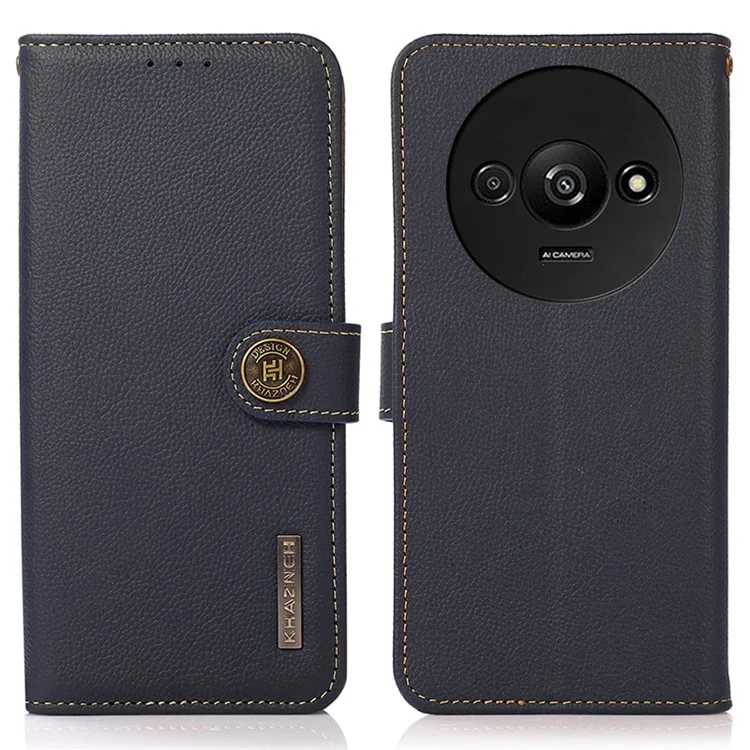 KHAZNEH Para Xiaomi Redmi A3 / Poco C61 4G Case RFID Blocking Anti-queda Genuíno Couro de Vaca Capa de Telefone - Azul