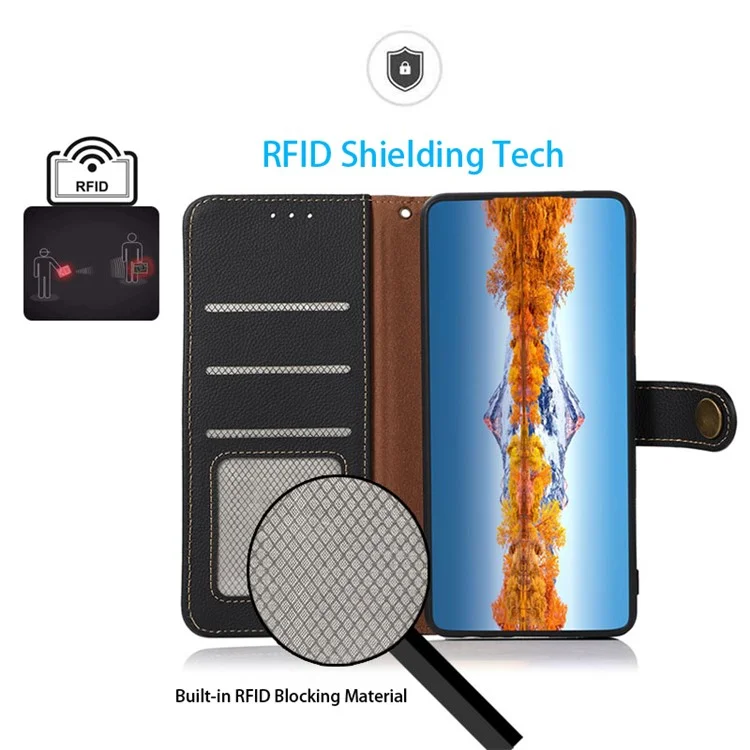 KHAZNEH Para Xiaomi Redmi A3 / Poco C61 4G Case RFID Blocking Anti-queda Genuíno Couro de Vaca Capa de Telefone - Azul