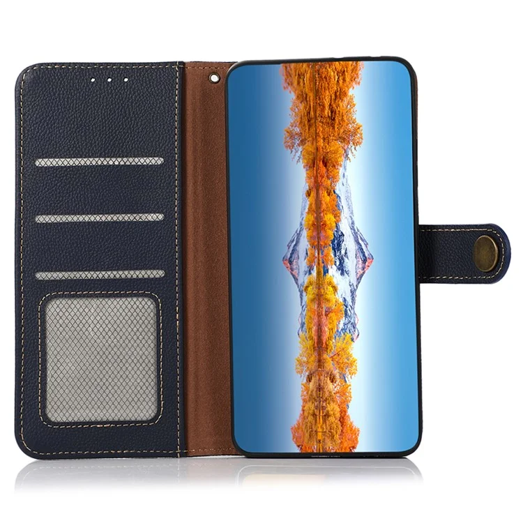 KHAZNEH Para Xiaomi Redmi A3 / Poco C61 4G Case RFID Blocking Anti-queda Genuíno Couro de Vaca Capa de Telefone - Azul