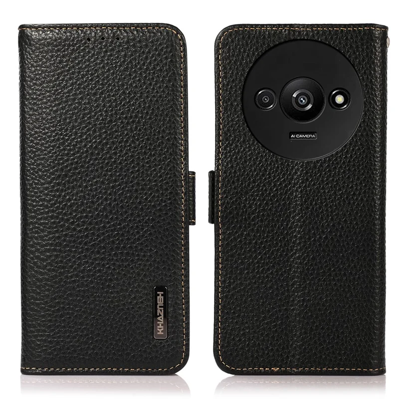 KHAZNEH For Xiaomi Redmi A3 / Poco C61 4G Magnetic Cell Phone Case Genuine Cow Leather RFID Blocking Cover - Black