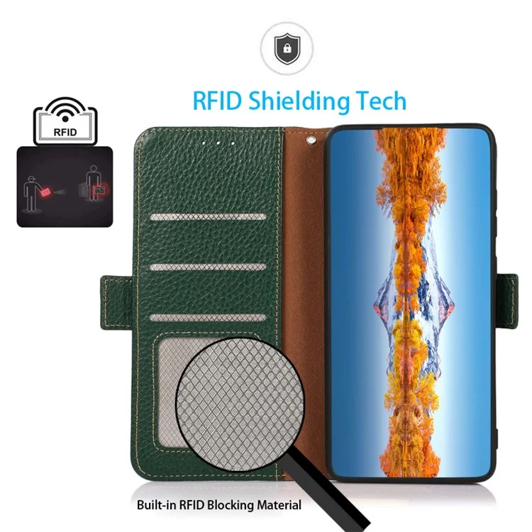 KHAZNEH Para Xiaomi Redmi A3 / Poco C61 4G Funda Magnética de Teléfono Móvil de Piel de Vaca Genuina con Bloqueo RFID - Verde