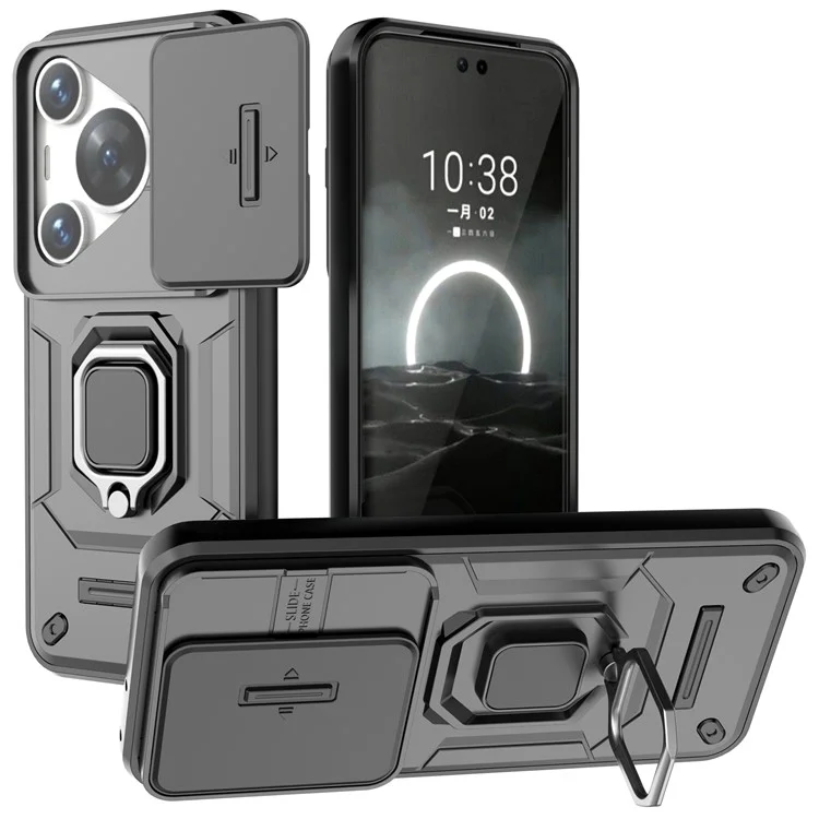 Pour Huawei Pura 70 Pro / Pura 70 Pro+ Étui à support Slide Lens Protection PC + TPU Housse téléphone - Noir