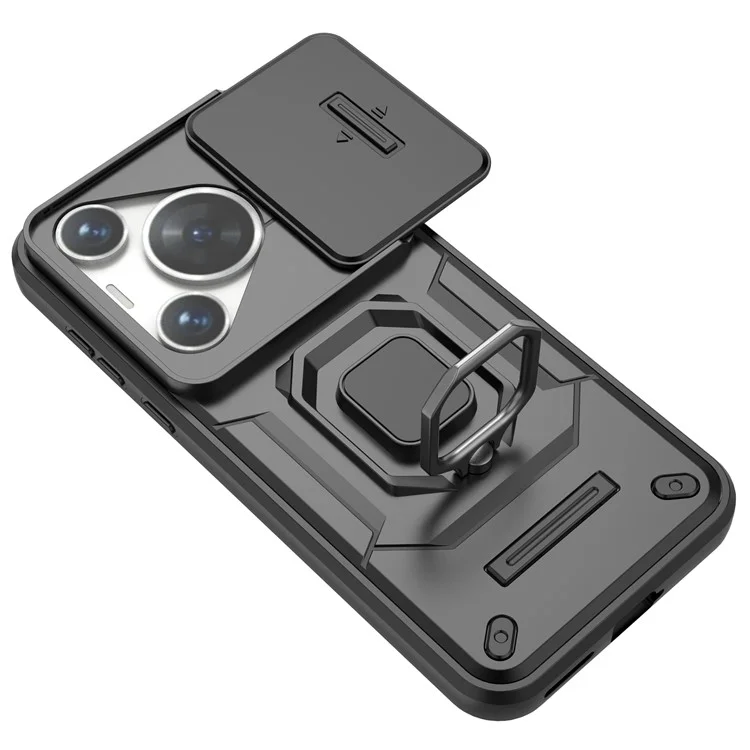 Pour Huawei Pura 70 Pro / Pura 70 Pro+ Étui à support Slide Lens Protection PC + TPU Housse téléphone - Noir