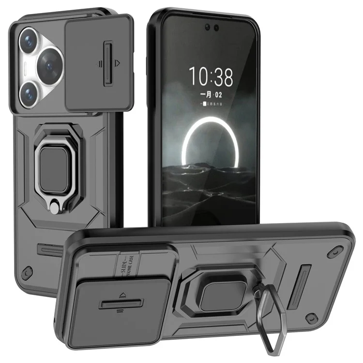 For Huawei Pura 70 Case PC+TPU Protective Phone Shell with Slide Lens Cover - Black