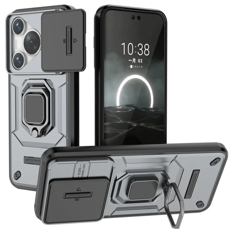 For Huawei Pura 70 Case PC+TPU Protective Phone Shell with Slide Lens Cover - Grey