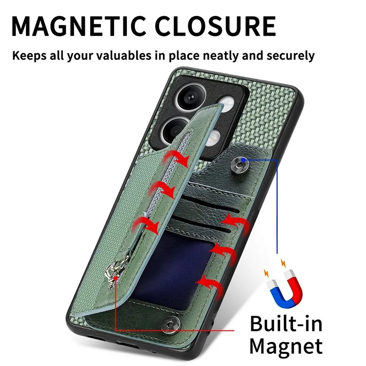 C1-04 For Xiaomi Redmi Note 13 5G Case Leather+PC+TPU Zipper Wallet Phone Cover - Green