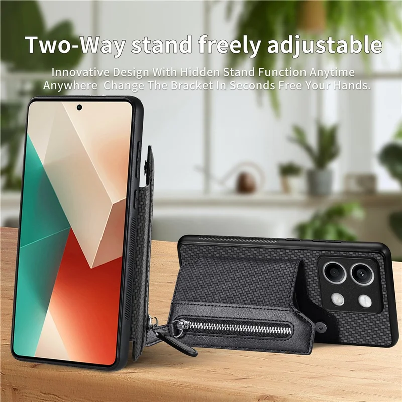 C1-04 For Xiaomi Redmi Note 13 5G Case Leather+PC+TPU Zipper Wallet Phone Cover - Brown