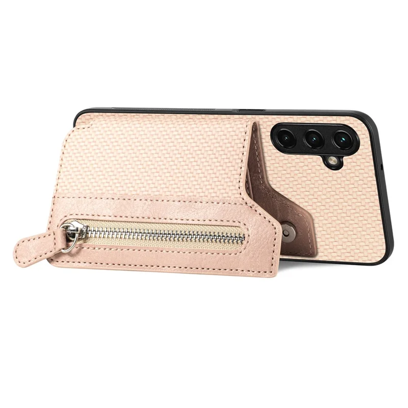 C1-04 For Samsung Galaxy A14 4G / 5G Zipper Pocket Case PU Leather+PC+TPU Phone Cover with Card Holder - Apricot