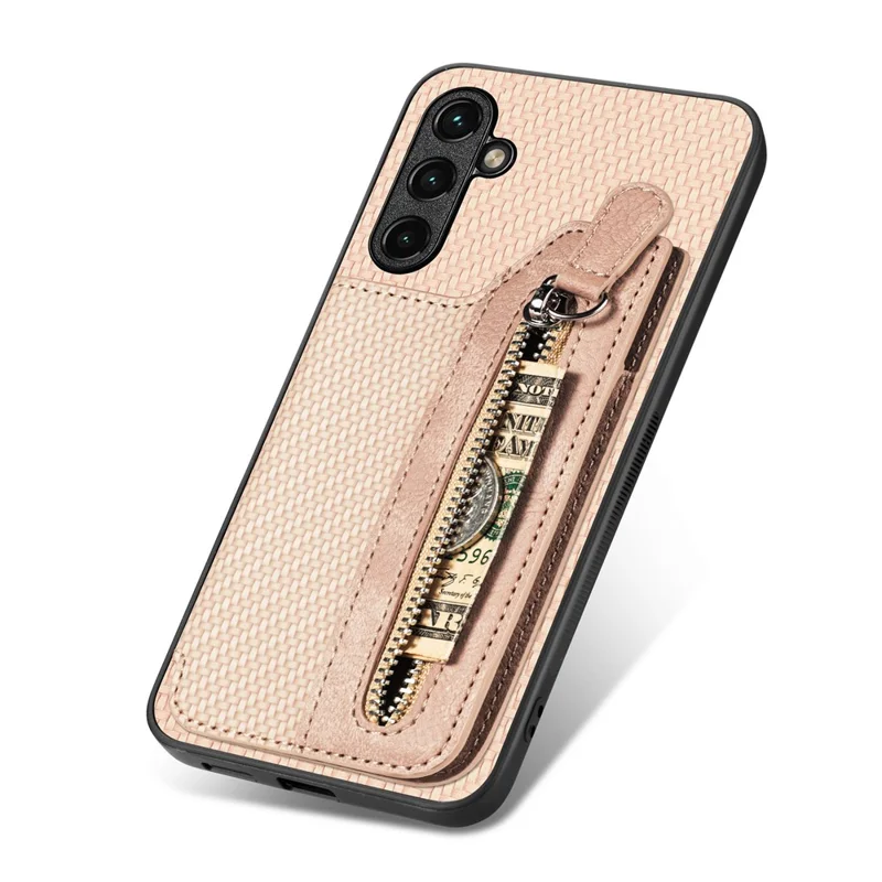 C1-04 For Samsung Galaxy A14 4G / 5G Zipper Pocket Case PU Leather+PC+TPU Phone Cover with Card Holder - Apricot