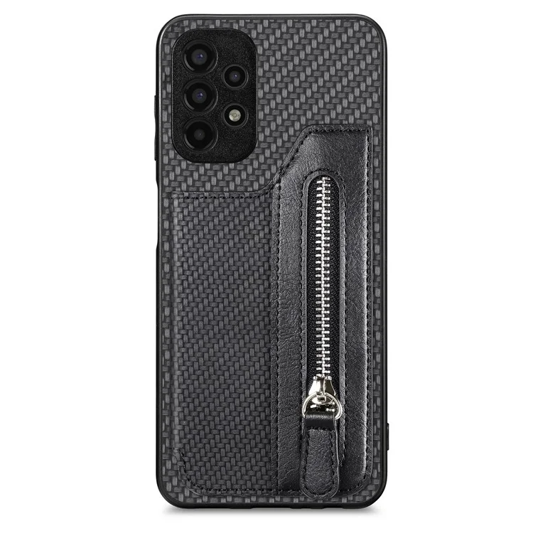 C1-04 For Samsung Galaxy A13 4G Case Carbon Fiber Texture Leather+PC+TPU Zipper Phone Cover - Black