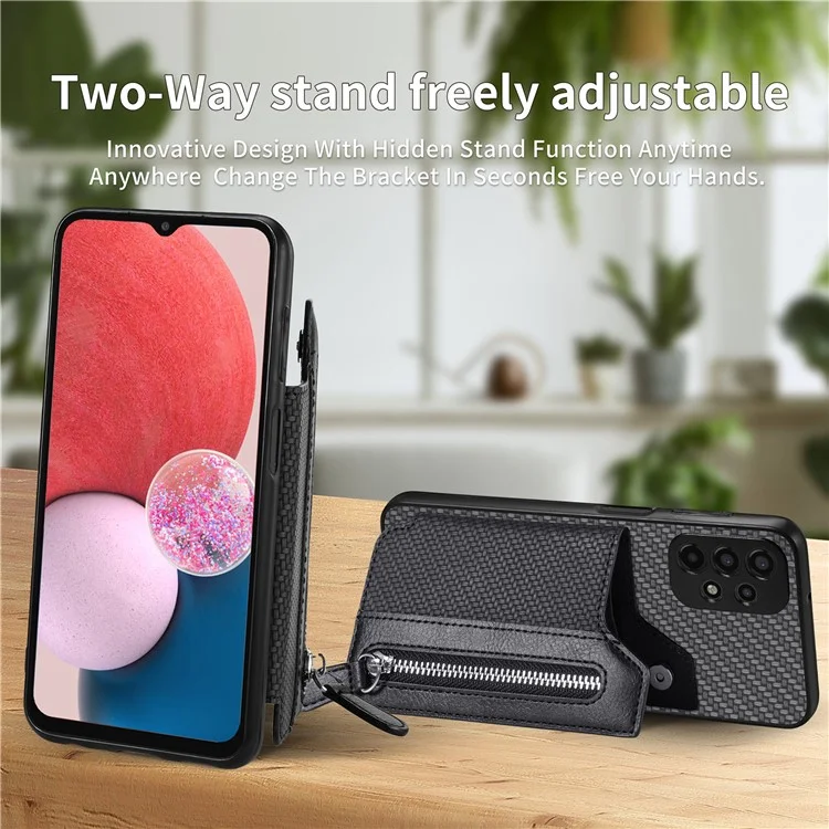 C1-04 For Samsung Galaxy A13 4G Case Carbon Fiber Texture Leather+PC+TPU Zipper Phone Cover - Black