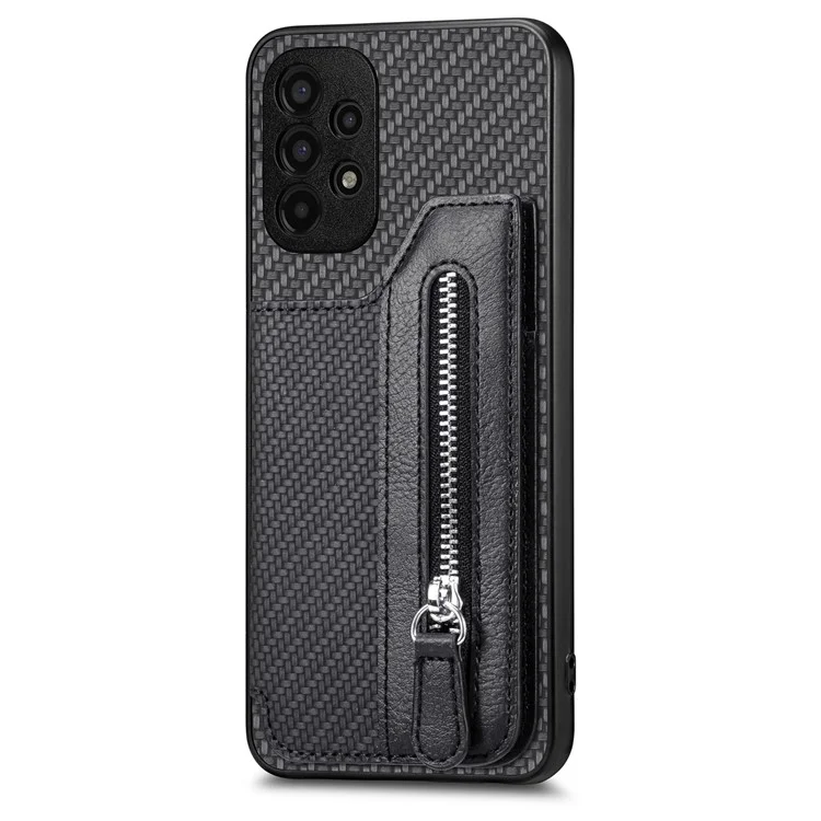 C1-04 For Samsung Galaxy A13 4G Case Carbon Fiber Texture Leather+PC+TPU Zipper Phone Cover - Black