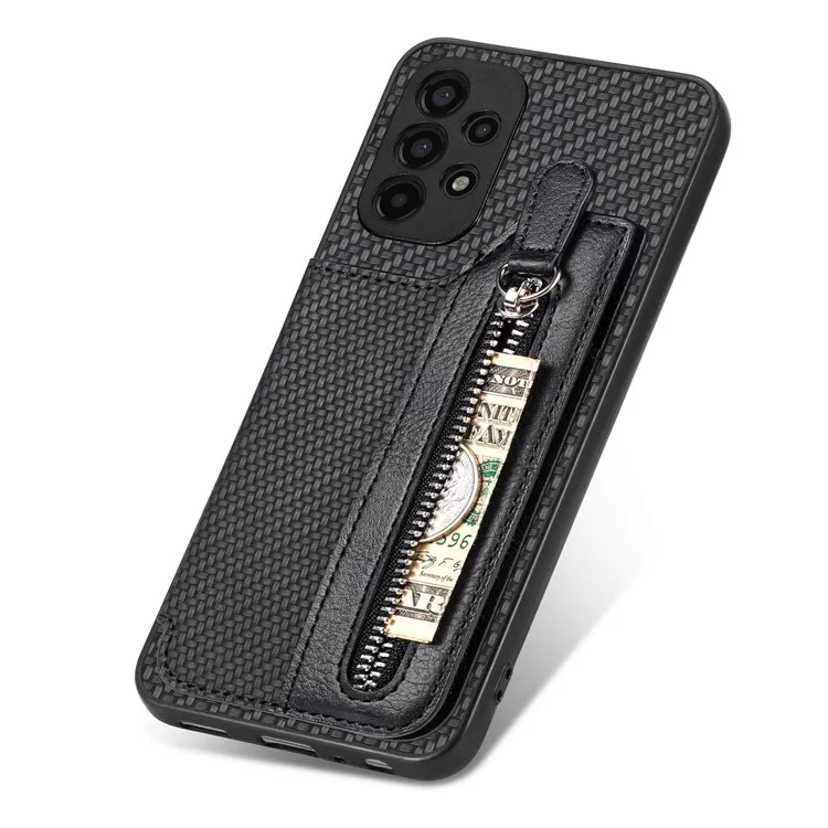 C1-04 For Samsung Galaxy A13 4G Case Carbon Fiber Texture Leather+PC+TPU Zipper Phone Cover - Black