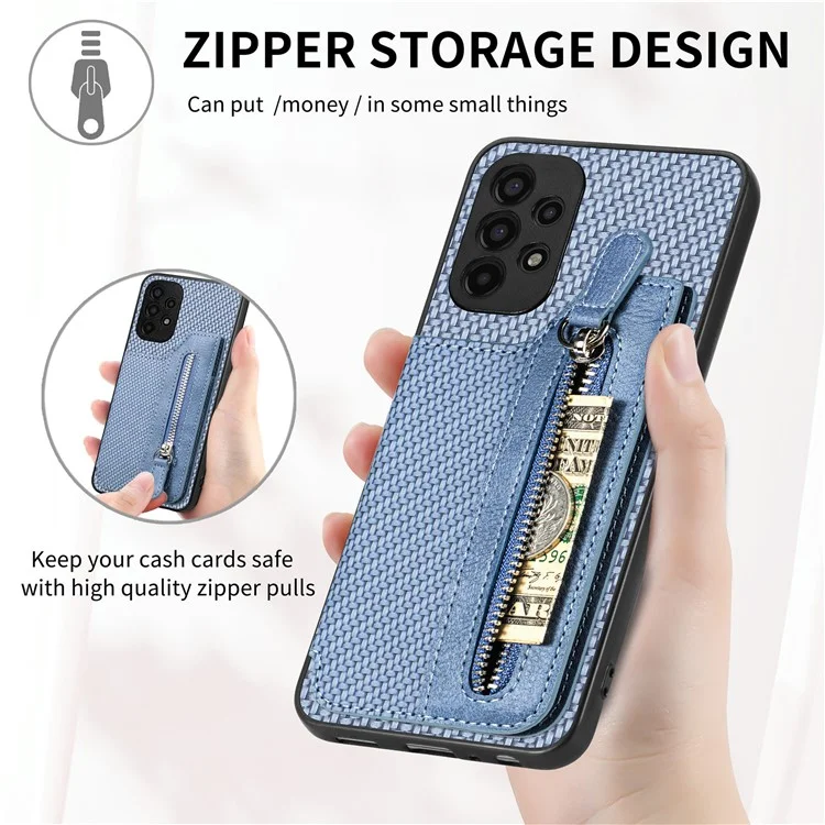 C1-04 For Samsung Galaxy A13 4G Case Carbon Fiber Texture Leather+PC+TPU Zipper Phone Cover - Black