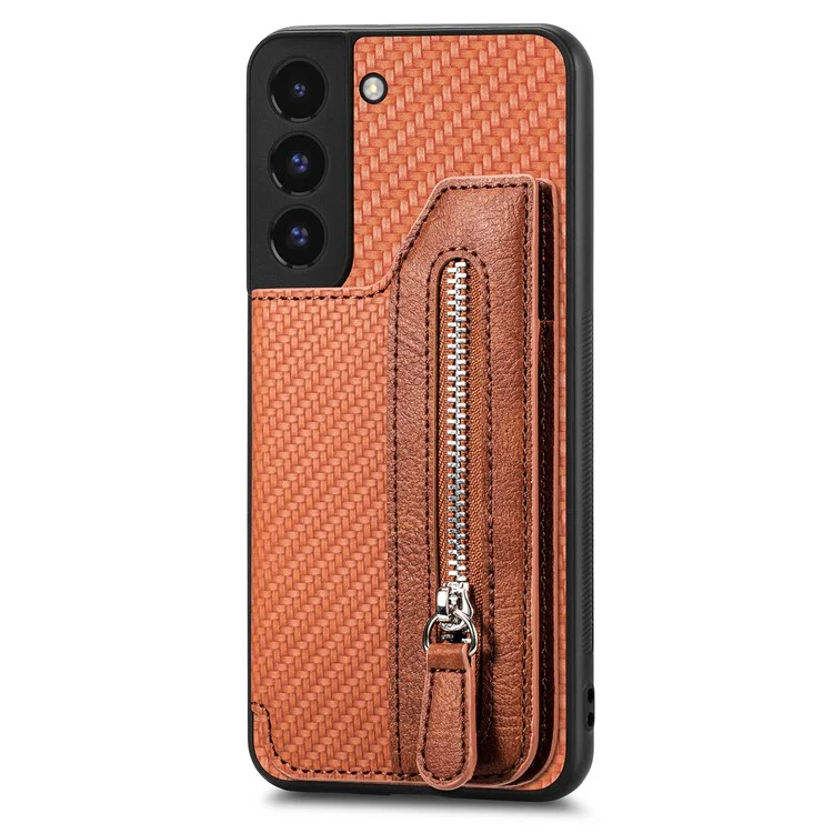 C1-04 For Samsung Galaxy S22+ 5G Case Zipper Wallet Leather Coated PC+TPU Phone Cover - Brown