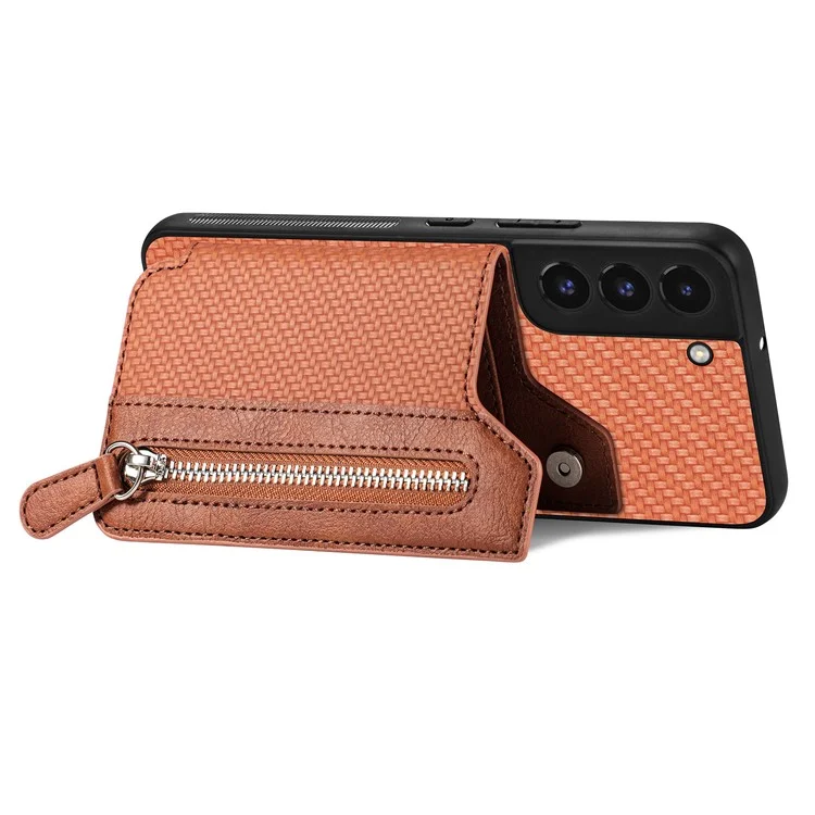 C1-04 For Samsung Galaxy S22+ 5G Case Zipper Wallet Leather Coated PC+TPU Phone Cover - Brown