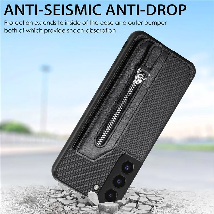 C1-04 For Samsung Galaxy S22+ 5G Case Zipper Wallet Leather Coated PC+TPU Phone Cover - Brown