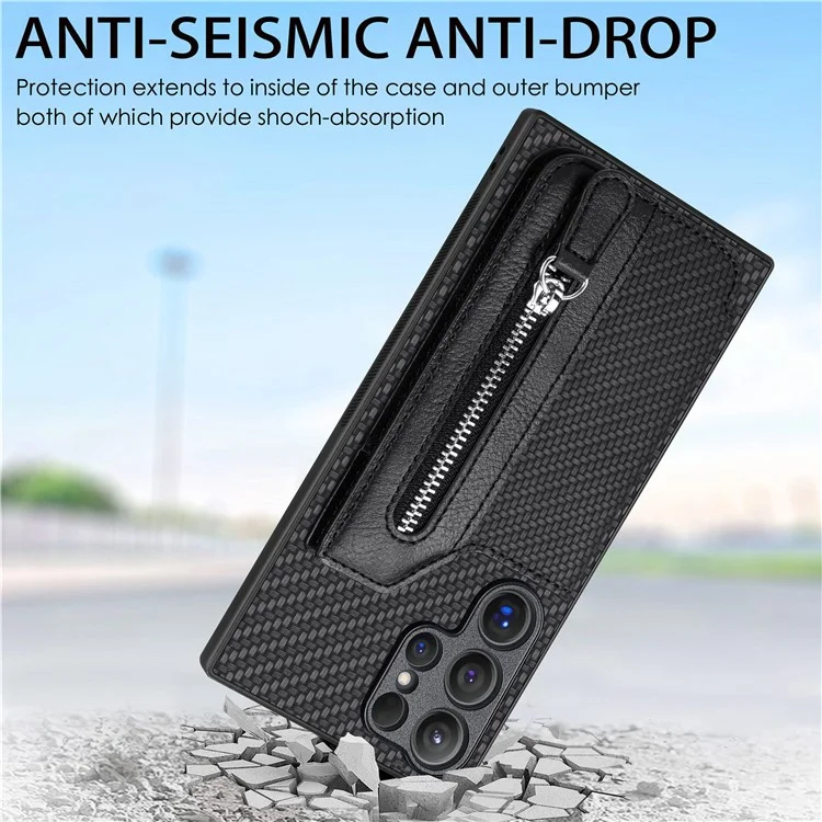 C1-04 Para Samsung Galaxy S24 Ultra Case Textura de fibra de carbono Revestimiento de piel de poliuretano Funda de PC+TPU - Negro