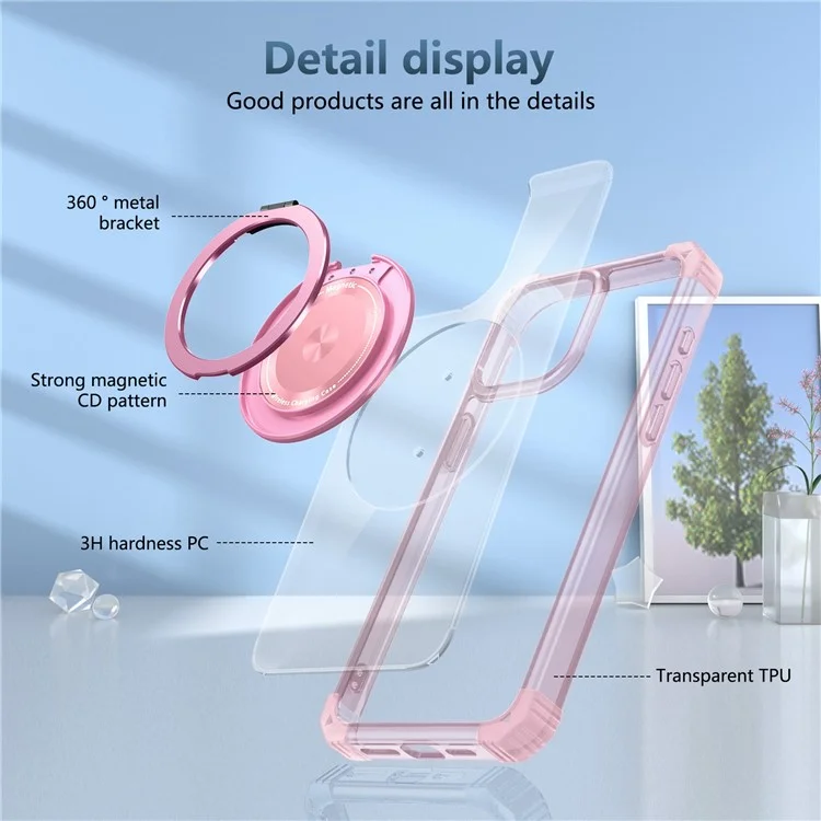 Für iPhone 14 Pro Case Rotary Ring Kickstand TPU+PC Telefonhülle - Transparentes Pink