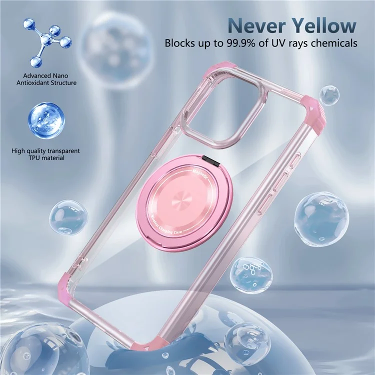 Für iPhone 14 Pro Case Rotary Ring Kickstand TPU+PC Telefonhülle - Transparentes Pink