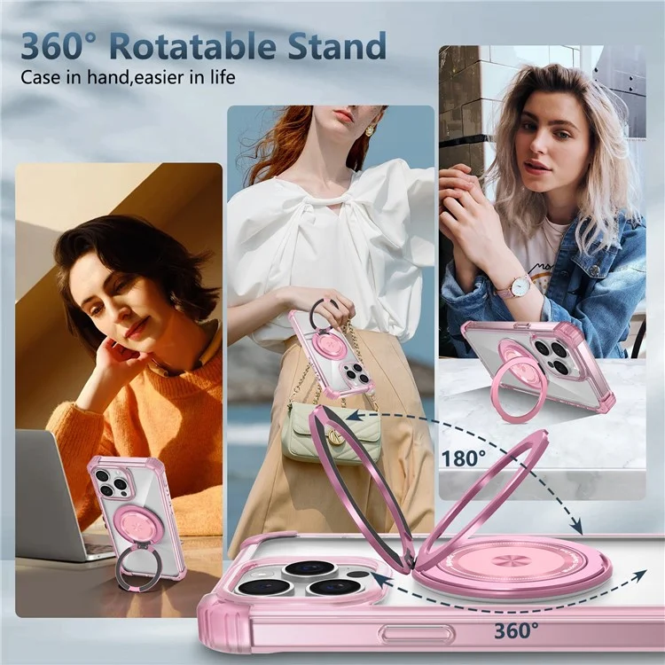 Für iPhone 14 Pro Case Rotary Ring Kickstand TPU+PC Telefonhülle - Transparentes Pink