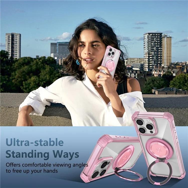 Für iPhone 14 Pro Case Rotary Ring Kickstand TPU+PC Telefonhülle - Transparentes Pink