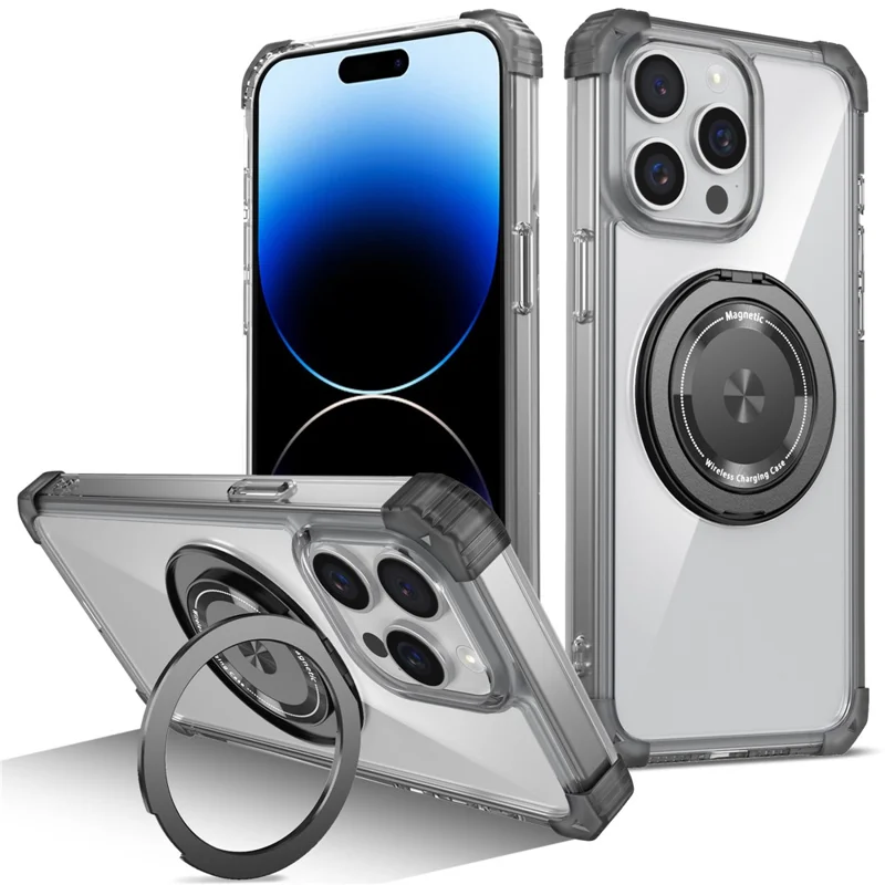 For iPhone 14 Pro Case Rotary Ring Kickstand TPU+PC Phone Cover - Transparent Black
