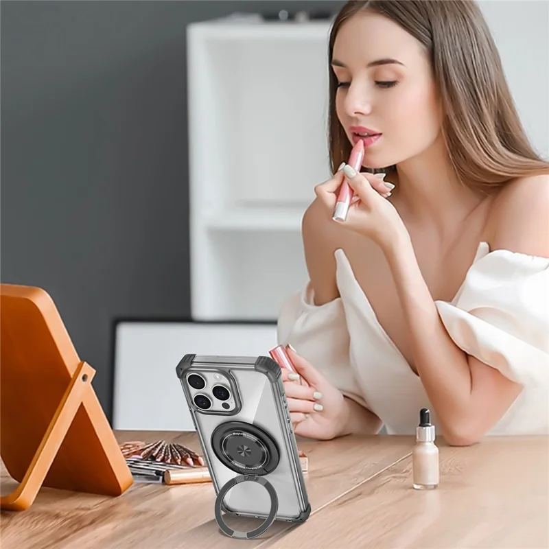 For iPhone 14 Pro Case Rotary Ring Kickstand TPU+PC Phone Cover - Transparent Black