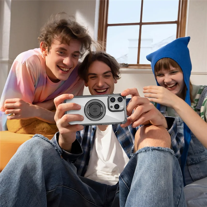 For iPhone 14 Pro Case Rotary Ring Kickstand TPU+PC Phone Cover - Transparent Black