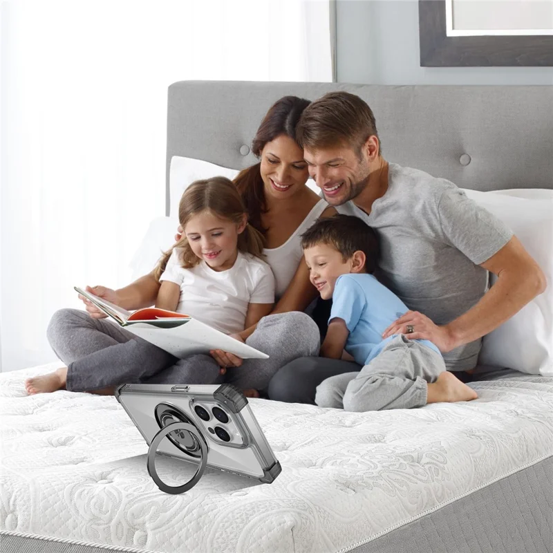 For iPhone 14 Pro Case Rotary Ring Kickstand TPU+PC Phone Cover - Transparent Black