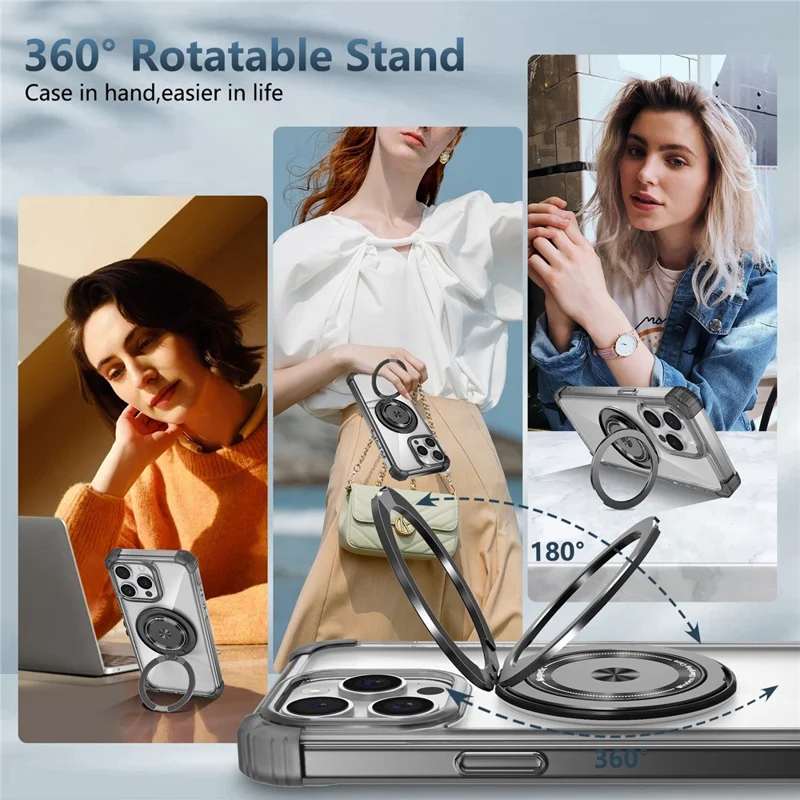 For iPhone 14 Pro Case Rotary Ring Kickstand TPU+PC Phone Cover - Transparent Black