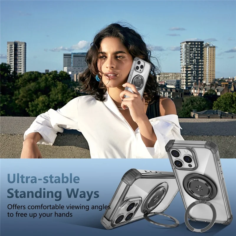 For iPhone 14 Pro Case Rotary Ring Kickstand TPU+PC Phone Cover - Transparent Black