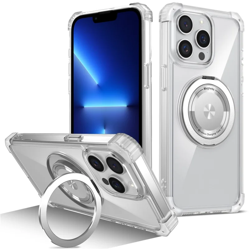 For iPhone 13 Pro 6.1 inch Magnetic Case PC+TPU 360 Degree Rotation Kickstand Phone Cover - Transparent