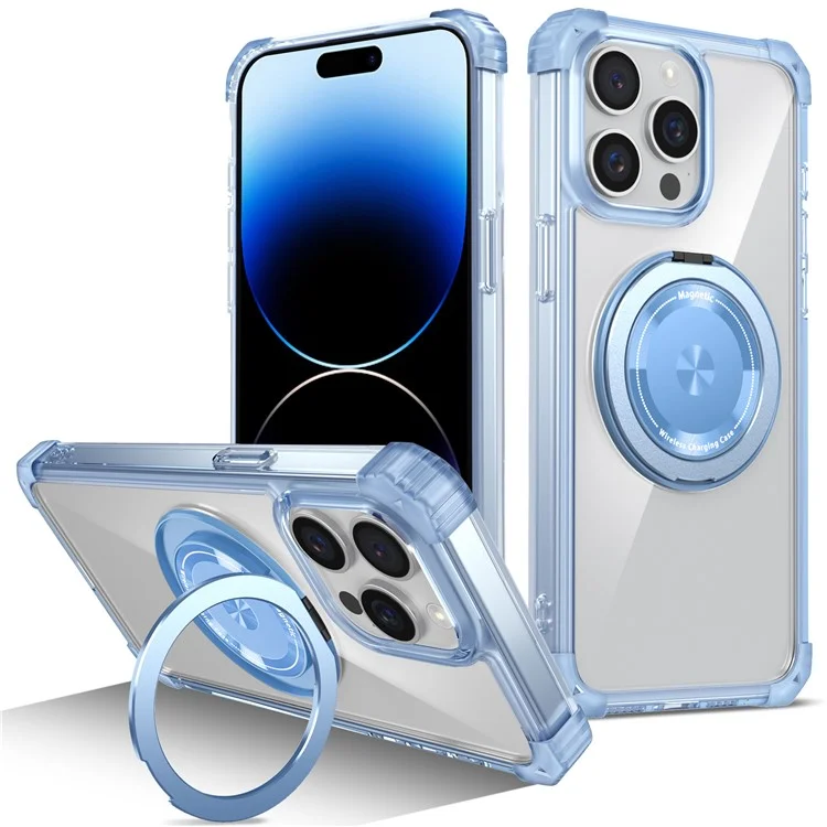 Para iPhone 14 Pro Max Capa Magnética de Canto de Amortecimento de TPU+PC Suporte Invisível para Telefone - Azul Transparente