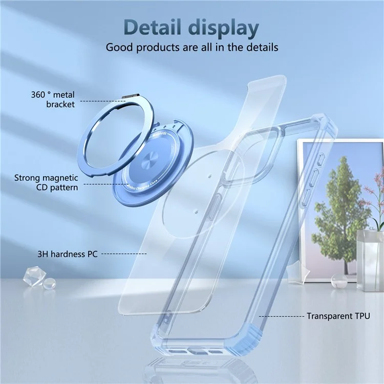 Para iPhone 14 Pro Max Capa Magnética de Canto de Amortecimento de TPU+PC Suporte Invisível para Telefone - Azul Transparente