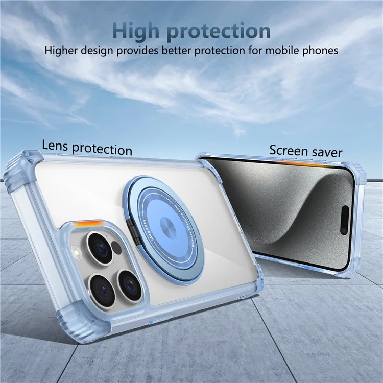 Para iPhone 14 Pro Max Capa Magnética de Canto de Amortecimento de TPU+PC Suporte Invisível para Telefone - Azul Transparente