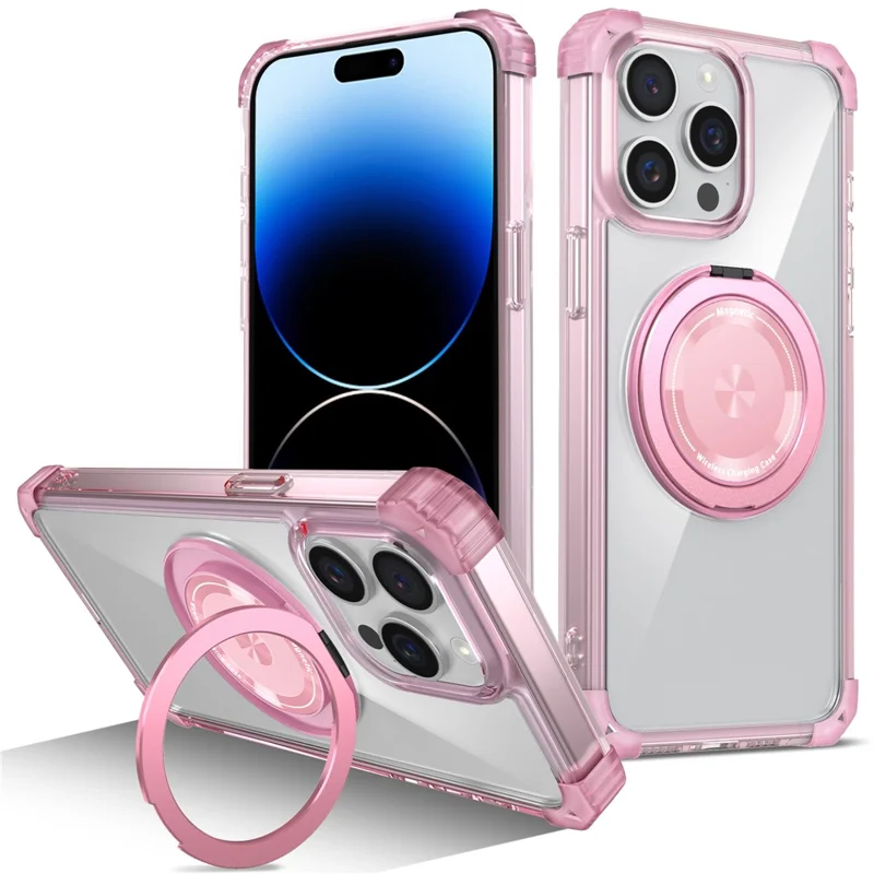 For iPhone 14 Pro Max Magnetic Case Corner Cushions TPU+PC Invisible Kickstand Phone Cover - Transparent Pink