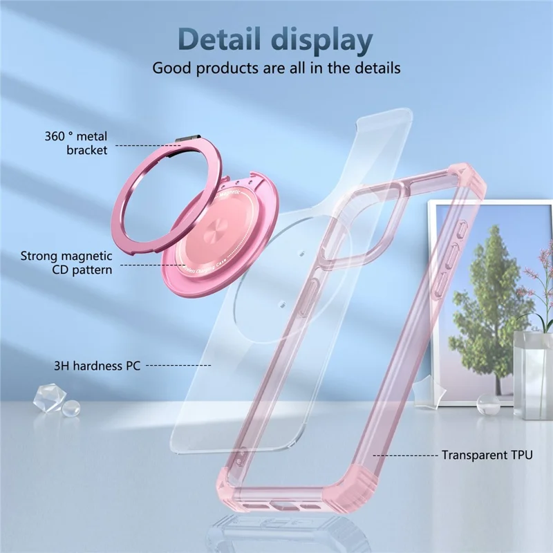 For iPhone 14 Pro Max Magnetic Case Corner Cushions TPU+PC Invisible Kickstand Phone Cover - Transparent Pink