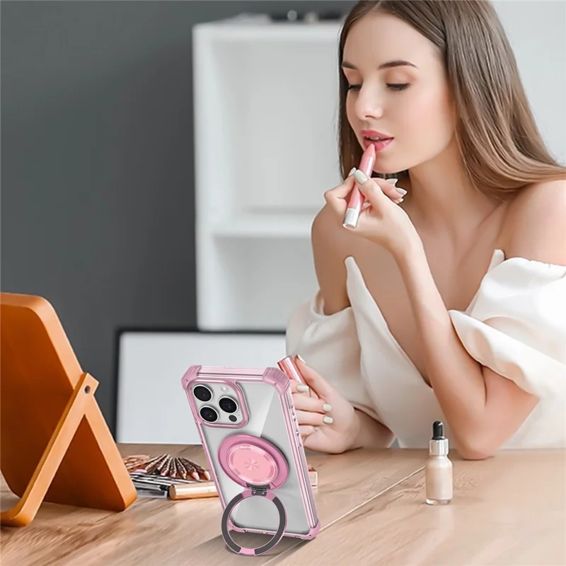 For iPhone 14 Pro Max Magnetic Case Corner Cushions TPU+PC Invisible Kickstand Phone Cover - Transparent Pink